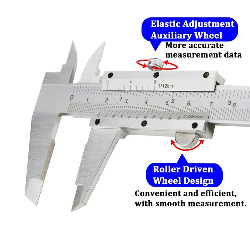 Elemirance Non Digital Vernier Caliper, 6"/150mm Stainless Steel Caliper Measuring Tool, High Precision Micrometer Carbon Caliper, 1/128" & 0.05mm Dual Reading Scale - Image 3